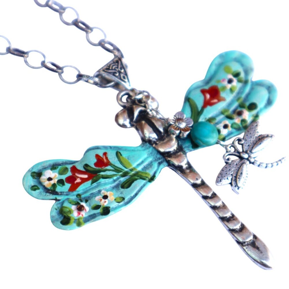 NWT Extra Large Long Silver Dragonfly Pendant Necklace Hand Painted Flowers